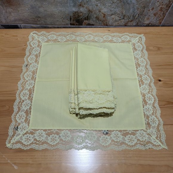 VTG Yellow Cotton Table Napkins Lace Trim Set of 8 - Picture 3 of 13